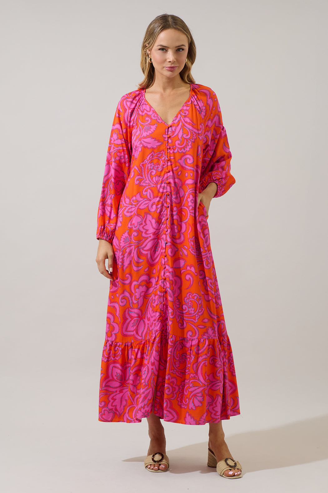 SUGARLIPS Women's Marinda Floral Larrie Long Sleeve Button Maxi Dress - Red - Maxi dresses SUGARLIPS Women's Marinda Floral Larrie Long Sleeve Button Maxi Dress - Red - Maxi dresses