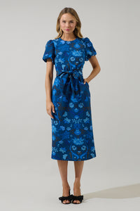 Palmate Floral Senidy Puff Sleeve Midi Dress