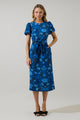 Palmate Floral Senidy Puff Sleeve Midi Dress