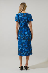 Palmate Floral Senidy Puff Sleeve Midi Dress