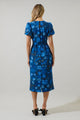 Palmate Floral Senidy Puff Sleeve Midi Dress