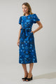Palmate Floral Senidy Puff Sleeve Midi Dress
