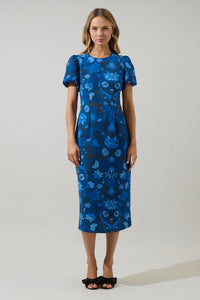 Palmate Floral Senidy Puff Sleeve Midi Dress