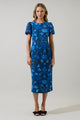 Palmate Floral Senidy Puff Sleeve Midi Dress