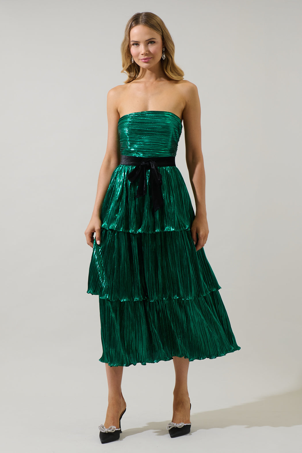Katia Metallic Strapless Tiered Midi Dress Sugarlips Katia Metallic Strapless Tiered Midi Dress Sugarlips