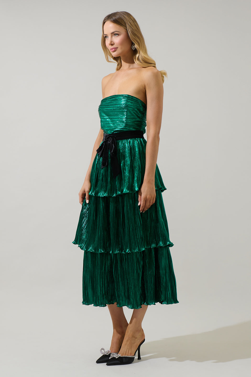 Katia Metallic Strapless Tiered Midi Dress EMERALD / XL by Sugarlips Katia Metallic Strapless Tiered Midi Dress EMERALD / XL by Sugarlips