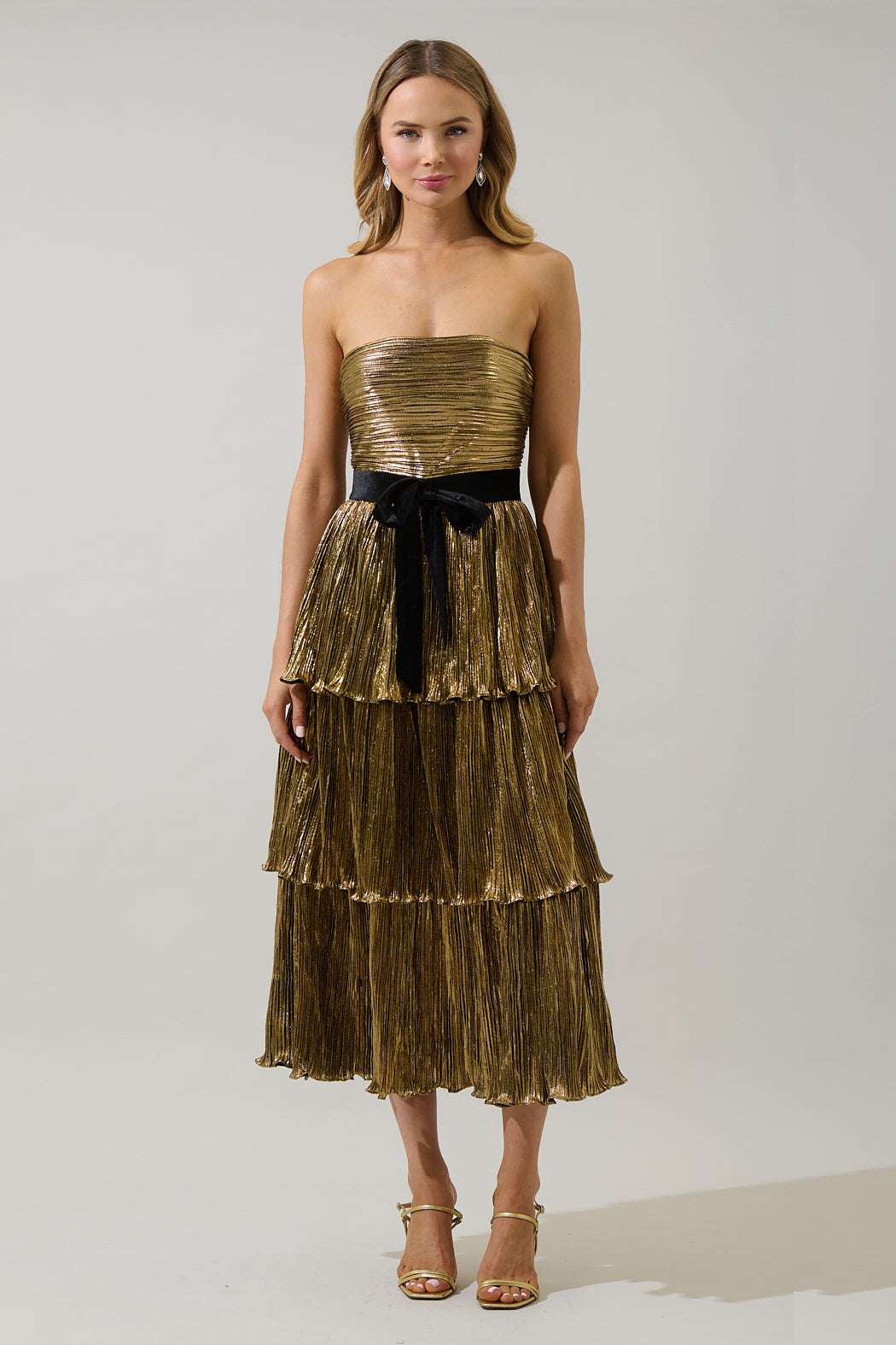 gold metallic tiered midi dress Katia Metallic Strapless Tiered Midi Dress EMERALD / XL by Sugarlips