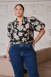 Elsinore Floral Jacquard Split Neck Top Curve