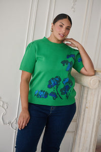 Kersey Floral Pleated Short Sleeve Sweater Top Curve