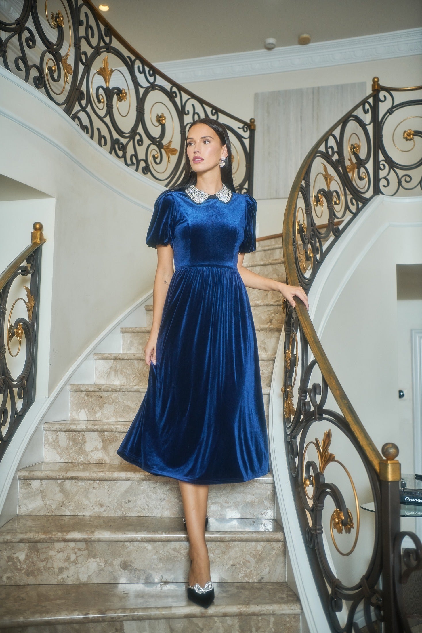 velvet midi dress Francie Rhinestone Velvet Midi Dress NAVY / S by Sugarlips