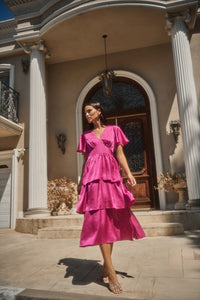 Mendice Satin Tiered Midi Dress