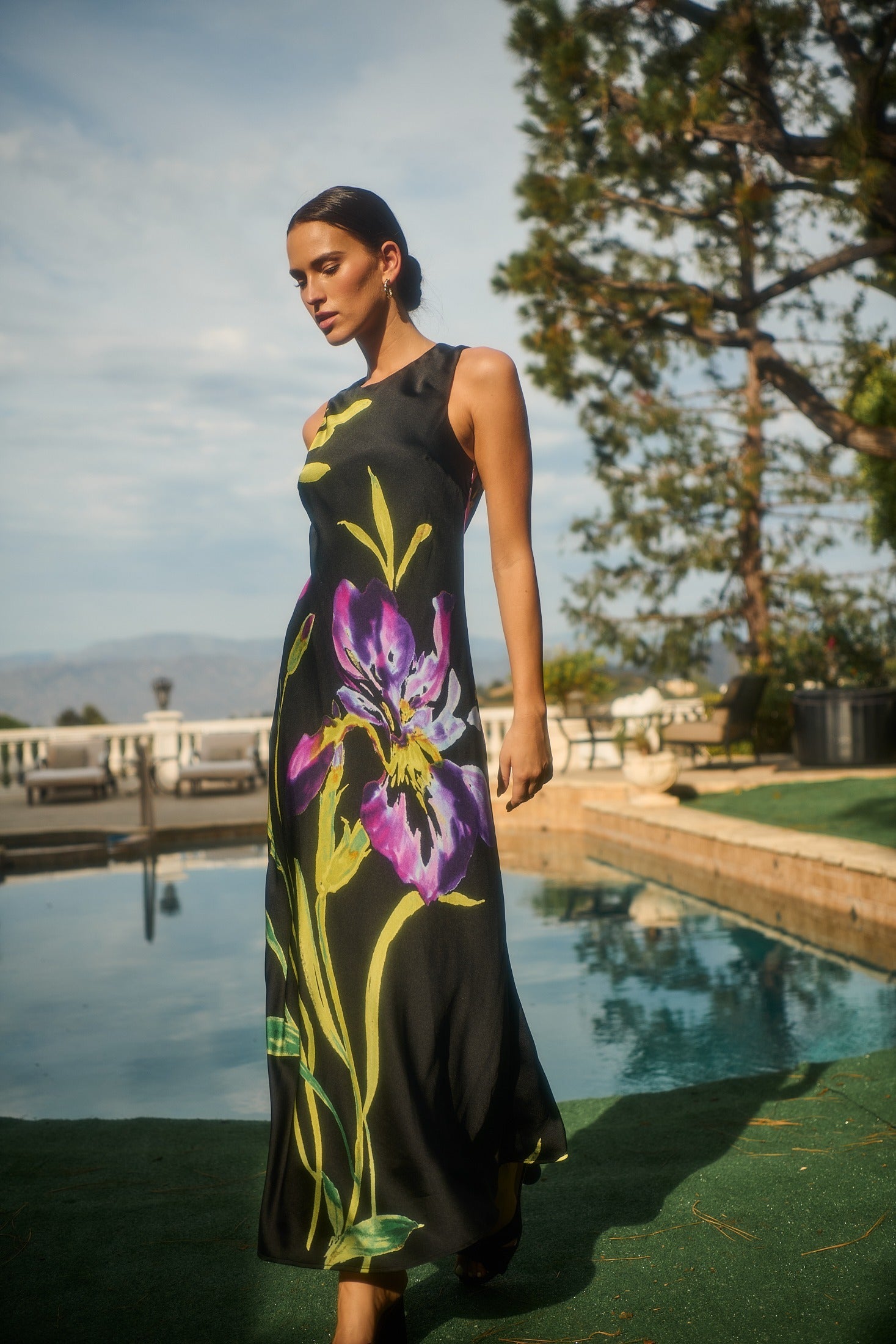 satin midi dress floral Satin Floral Cowl Neck Strappy Back Midi Slip Dress