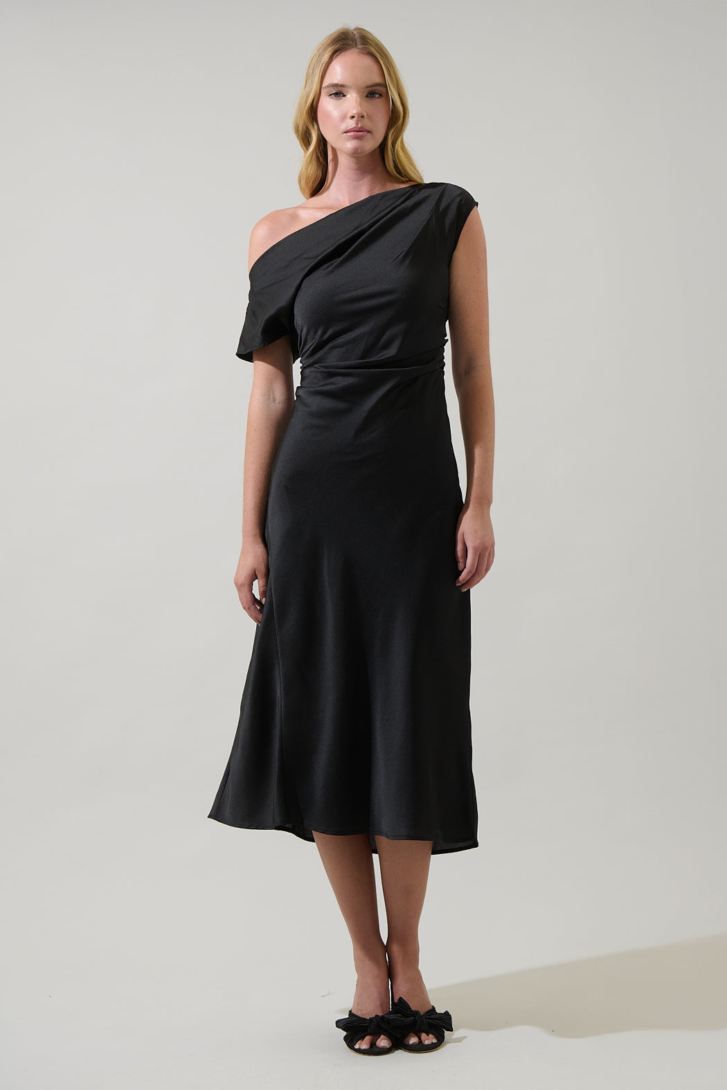 Rizzo Satin Off The Shoulder Midi Dress Black / Xs by Sugarlips Rizzo Satin Off The Shoulder Midi Dress Black / Xs by Sugarlips