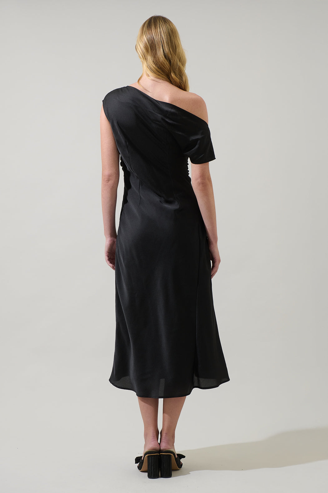 off shoulder midi dress formal Rizzo Satin Off The Shoulder Midi Dress Black / XS by Sugarlips