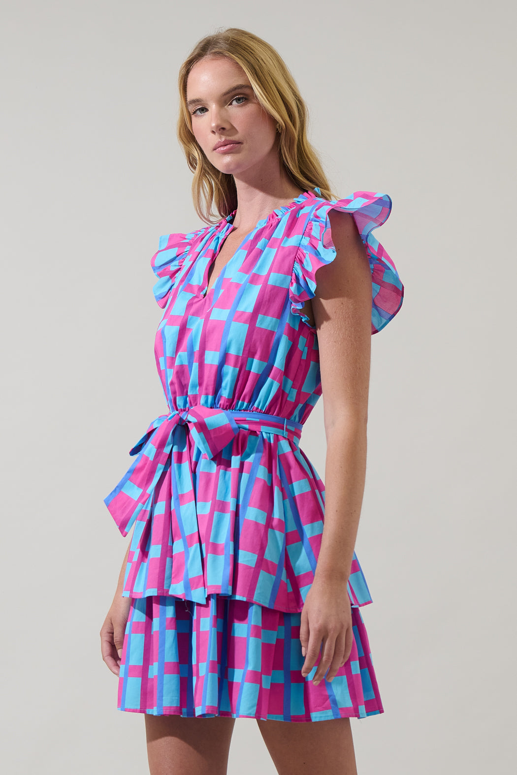 Marvy Checker Emie Ruffle Mini Dress FUCHSIA-BLUE-MUL / L