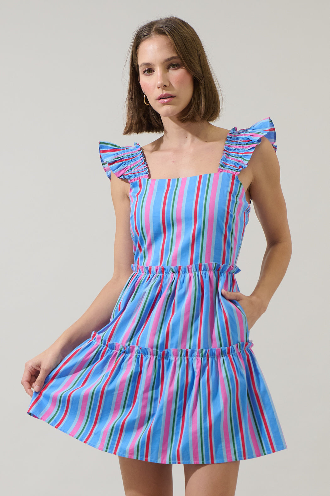 ruffle tiered mini dress Jaimie Stripes Ruffle Tiered Mini Dress PINK-BLUE-GRN / XS by Sugarlips