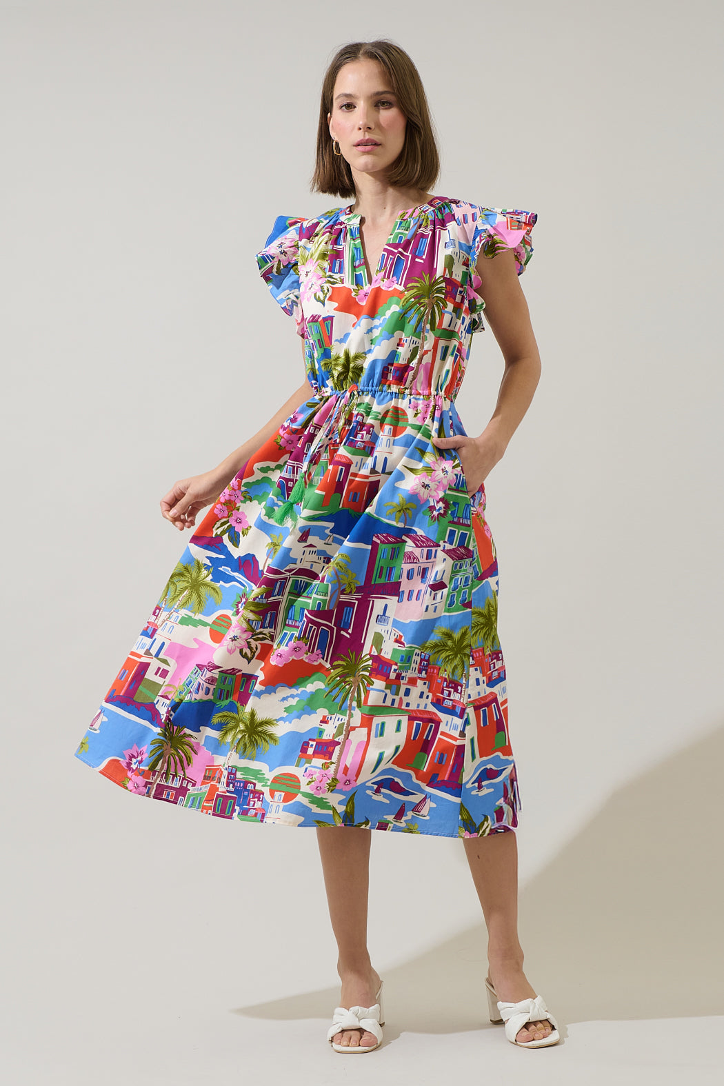 rumi midi dress Rumi Town Tiarna Ruffle Midi Dress CRM-BLUE-MUL / L by Sugarlips