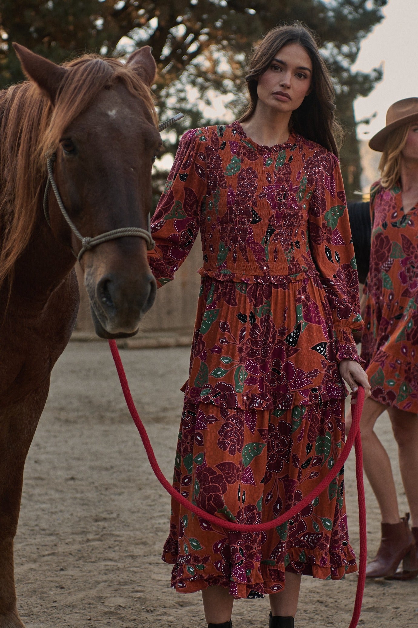 Marven Floral Seldy Smocked Midi Dress RUST-BROWN / M by Sugarlips Marven Floral Seldy Smocked Midi Dress RUST-BROWN / M by Sugarlips