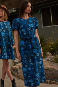 Palmate Floral Senidy Puff Sleeve Midi Dress