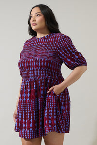 Ramsay Abstract Sulen Smocked Mini Dress Curve