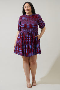 Ramsay Abstract Sulen Smocked Mini Dress Curve