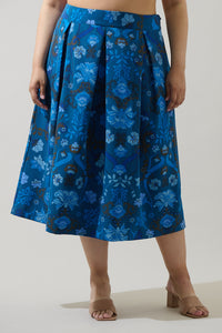 Palmate Floral Pleated Midi Skirt Curve