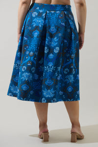 Palmate Floral Pleated Midi Skirt Curve