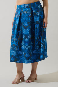 Palmate Floral Pleated Midi Skirt Curve