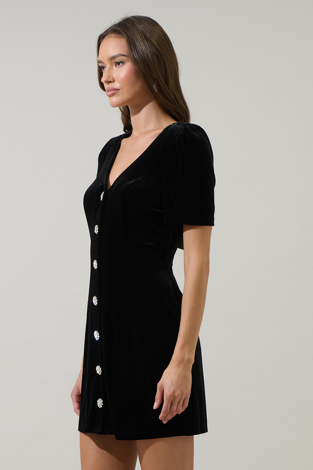 Sugarlips Jackson Velvet V-Neck Short Sleeve Button Front Mini Dress, Womens, S, Emerald