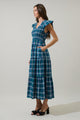 Buckley Plaid Sunfire Smocked Bodice Tiered Midi Dress