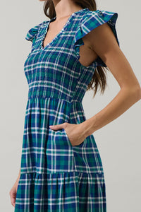 Buckley Plaid Sunfire Smocked Bodice Tiered Midi Dress
