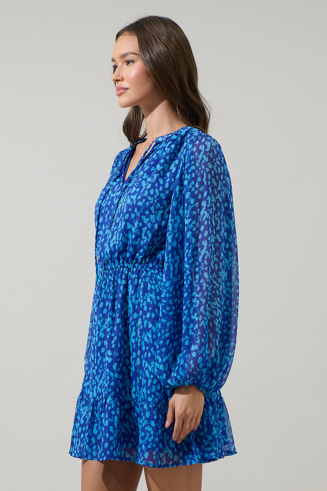 Madeira Metallic Abstract Print Long Sleeve Dress in Blue