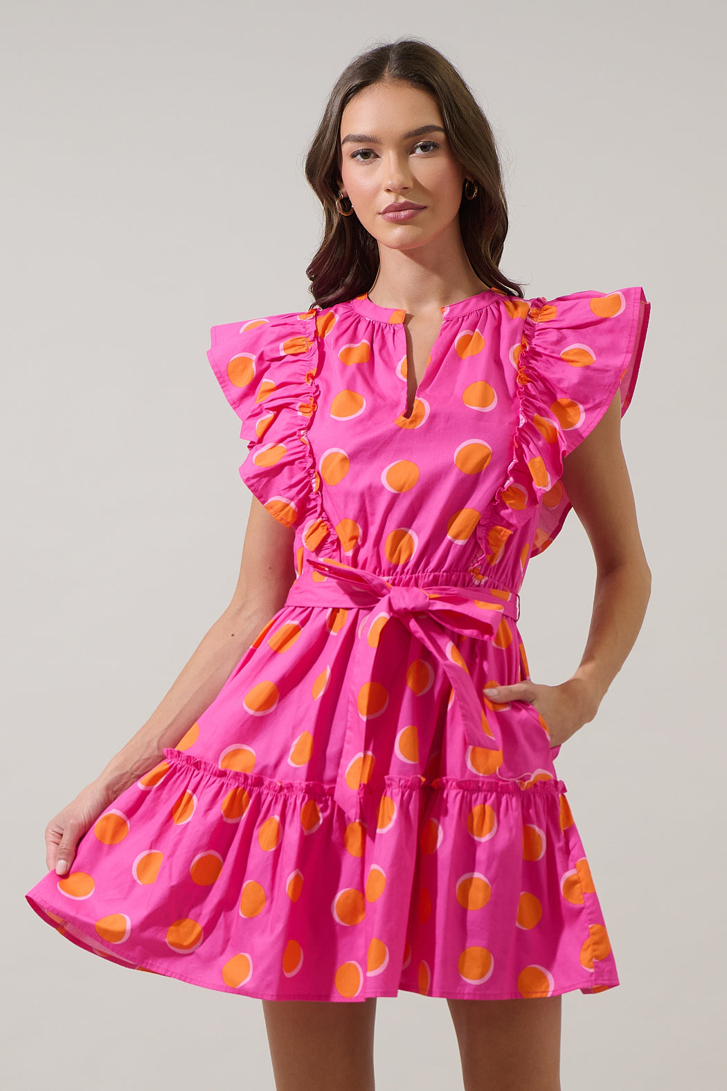 casual pink mini dress Rosy Polka Dot Ruffle Mini Dress FUCHSIA-ORG-DOT / L by Sugarlips
