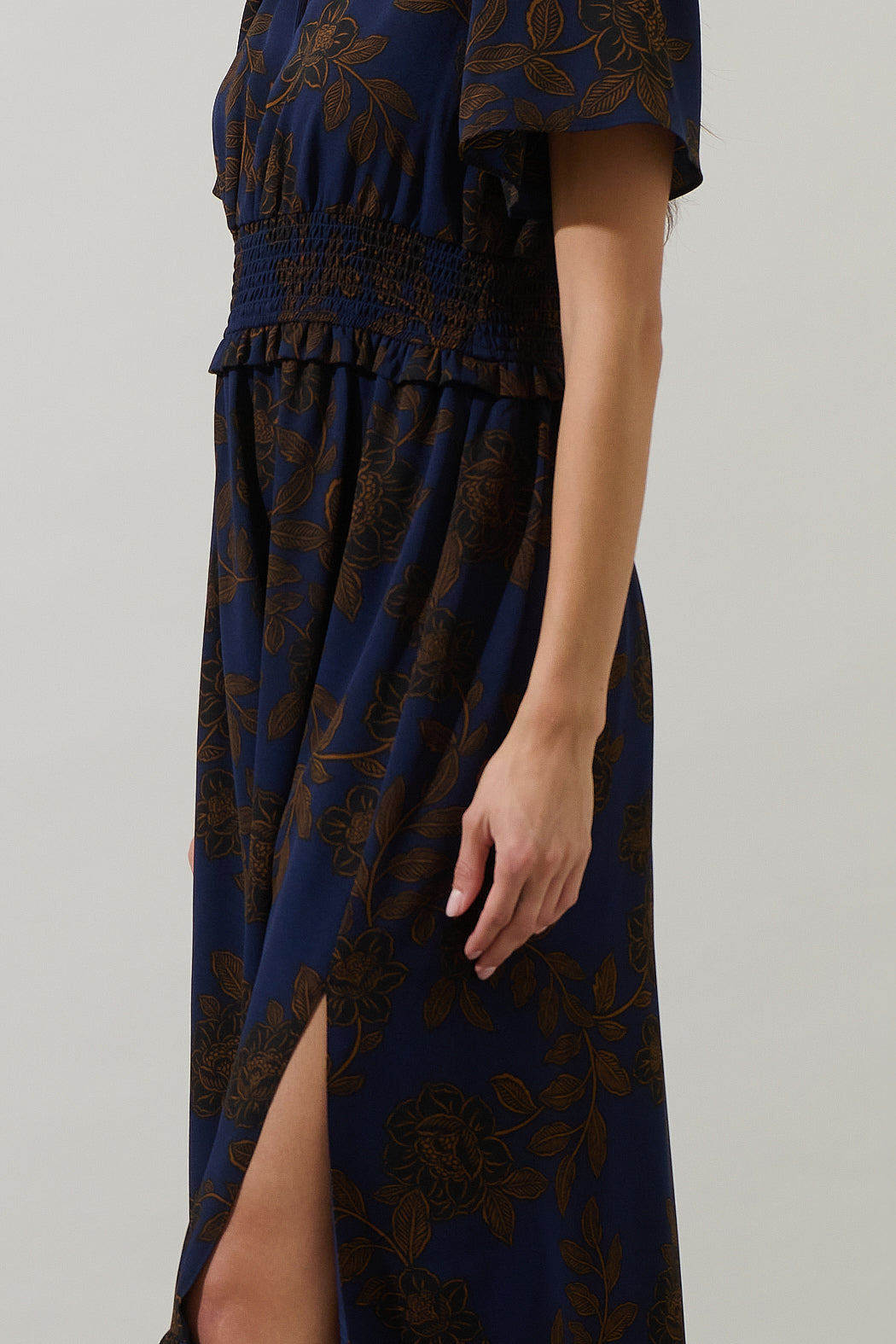 Tolleson Floral Valencia Split Neck Maxi Dress BROWN-BLU / XL