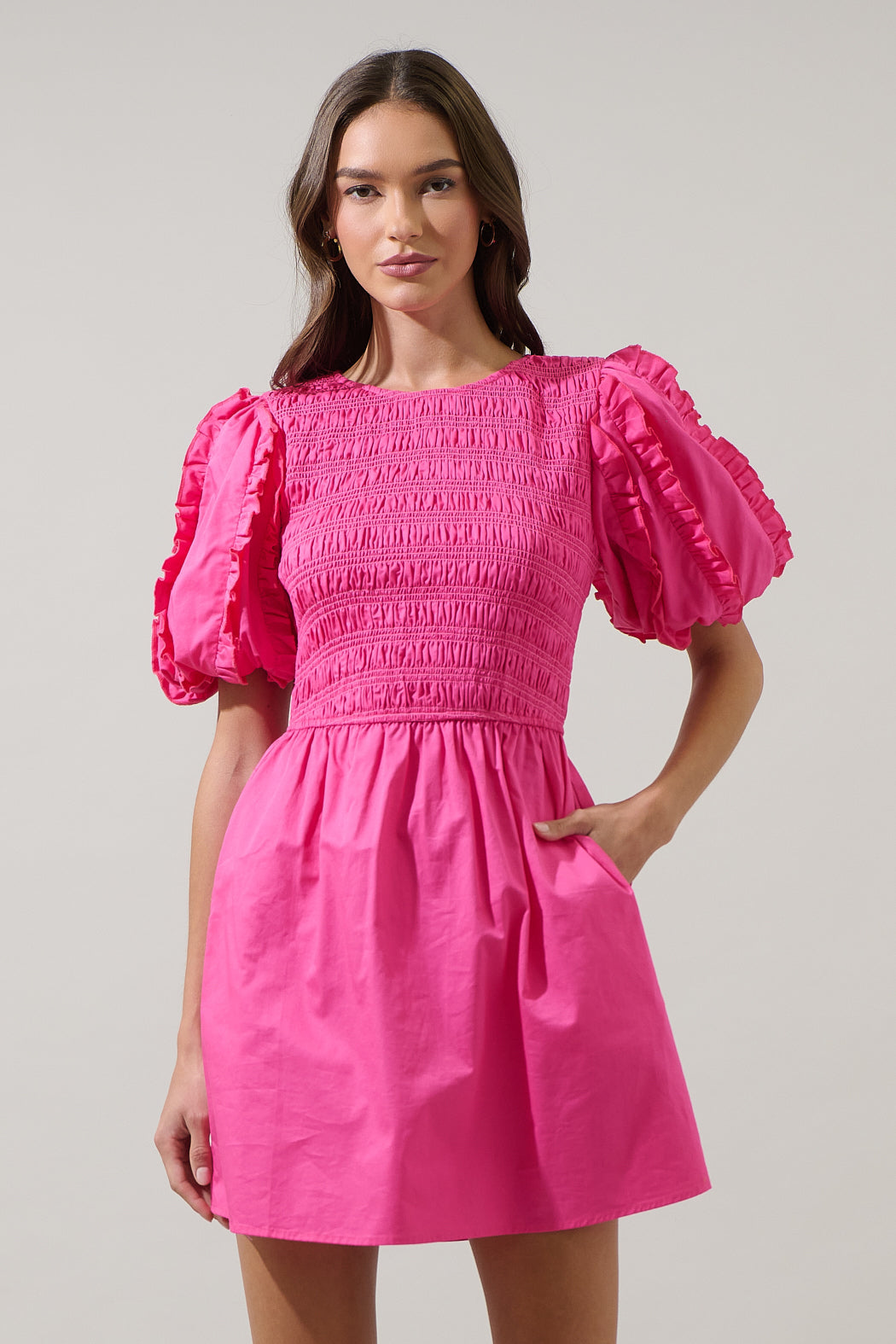 pink smocked mini dress Sunshine Smocked Puff Sleeve Mini Dress