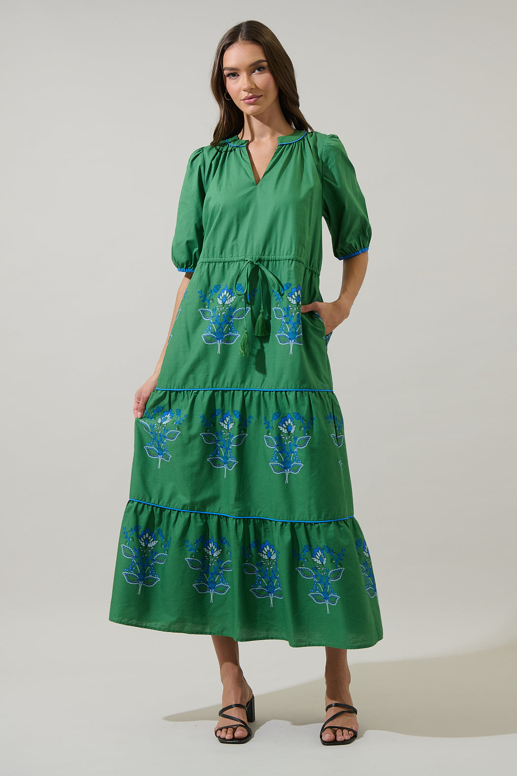 trendy midi dresses Meridy Floral Vonie Tiered Midi Dress KELLY-BLUE-MUL / XL by Sugarlips