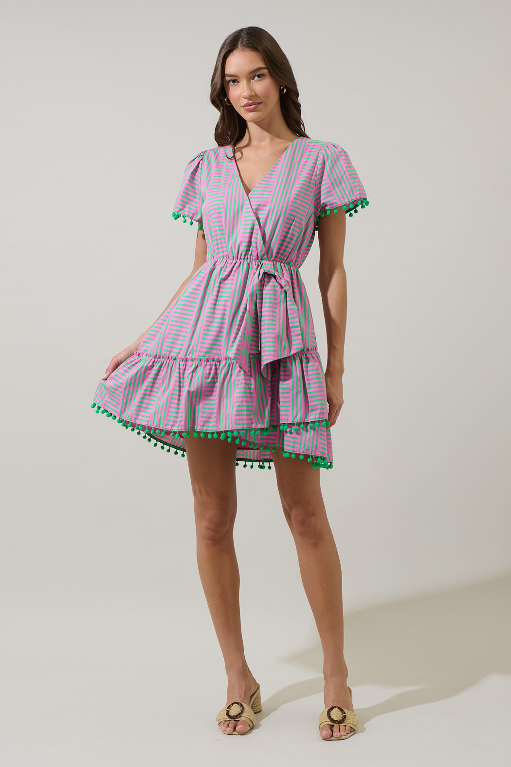 Valda Striped Fredrie Wrap Mini Dress PINK-GRN-MUL / M by Sugarlips Valda Striped Fredrie Wrap Mini Dress PINK-GRN-MUL / M by Sugarlips