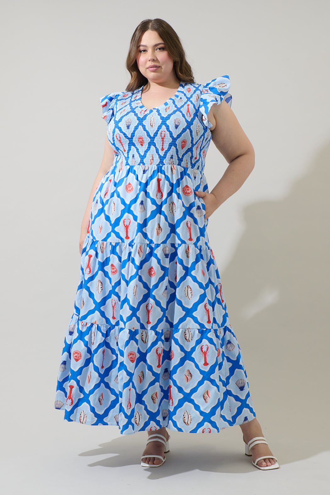lobster dress Lobster Bay Sunfire Tiered Midi Dress Curve WHTBLUE-MULTI / 2X by Sugarlips