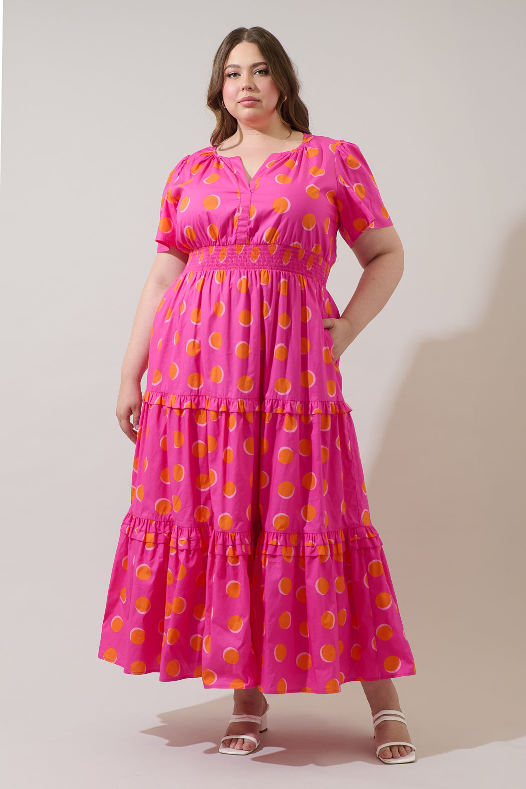 Rosy Polka Dot Palmer Poplin Tiered Maxi Dress Curve FUCHSIA-ORG-DOT / 2X by Sugarlips Rosy Polka Dot Palmer Poplin Tiered Maxi Dress Curve FUCHSIA-ORG-DOT / 2X by Sugarlips