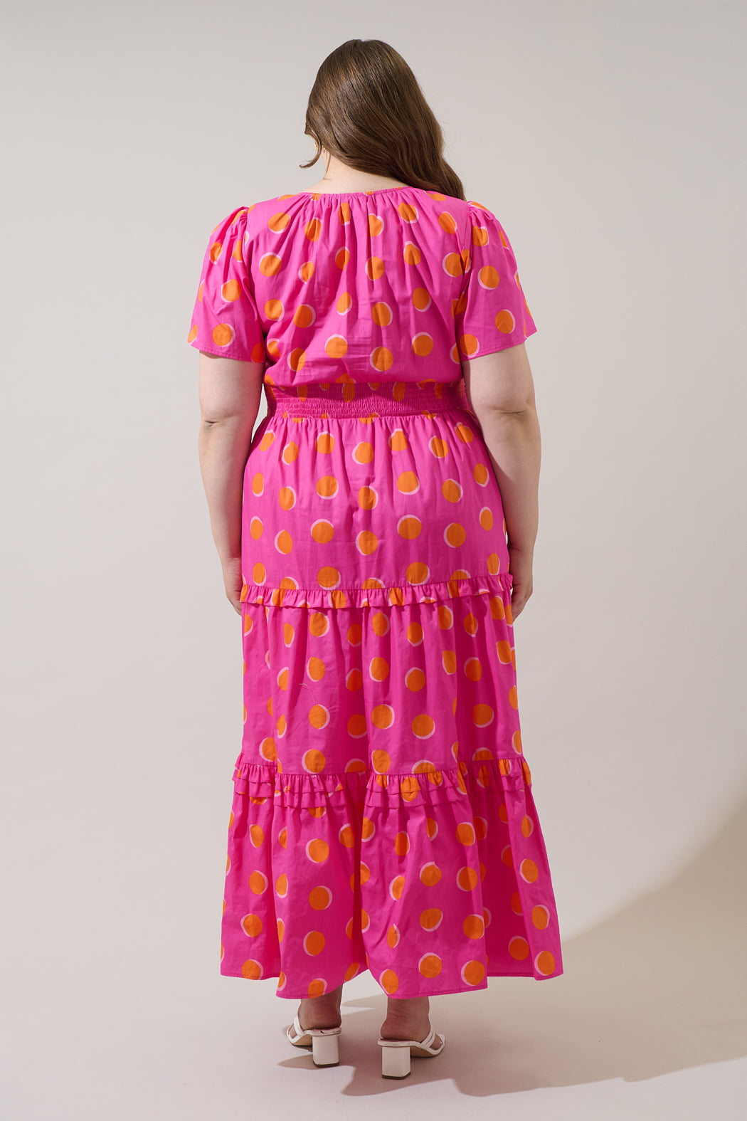 Rosy Polka Dot Palmer Poplin Tiered Maxi Dress Curve FUCHSIA-ORG-DOT / 2X by Sugarlips Rosy Polka Dot Palmer Poplin Tiered Maxi Dress Curve FUCHSIA-ORG-DOT / 2X by Sugarlips