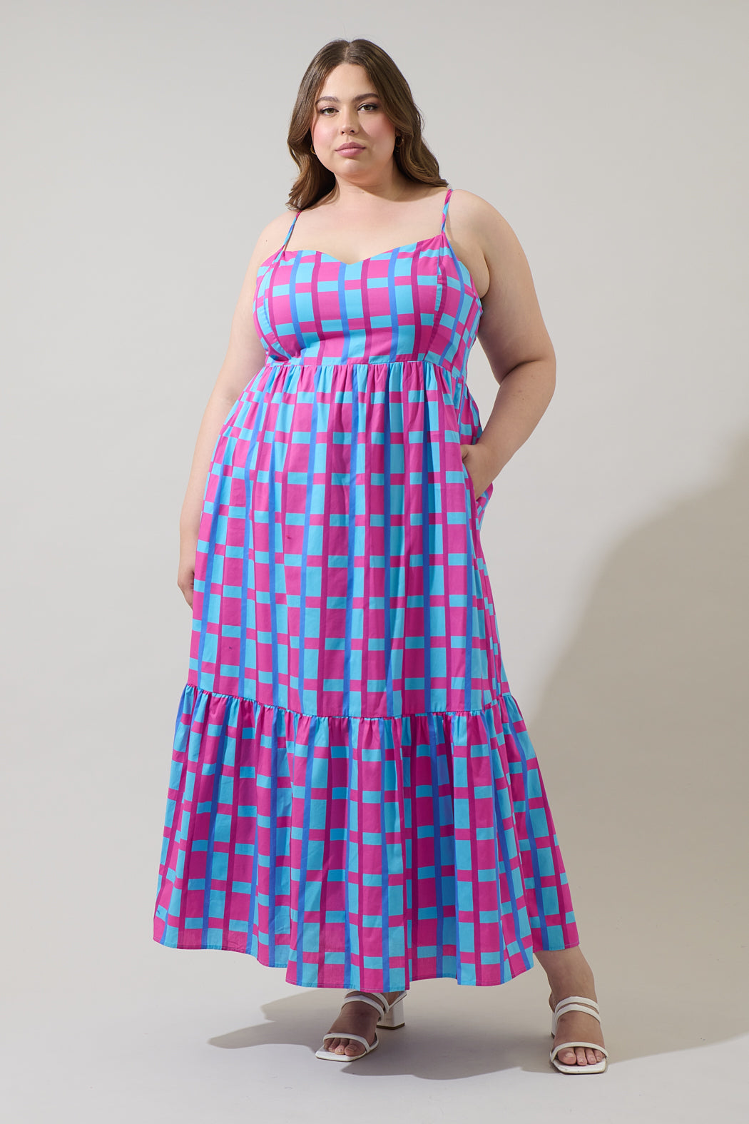 Marvy Checker Cabana Flowy Maxi Dress Curve FUCHSIA-BLUE-MUL / 2X by Sugarlips Marvy Checker Cabana Flowy Maxi Dress Curve FUCHSIA-BLUE-MUL / 2X by Sugarlips