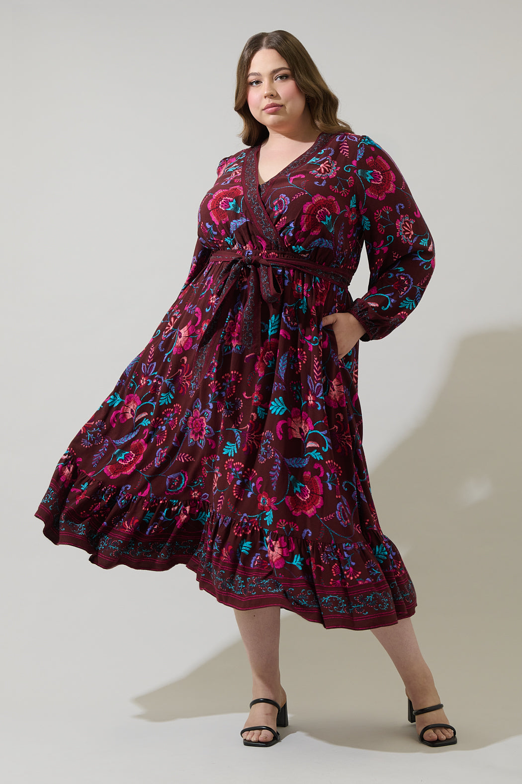 Tory Paisley Mindie Wrap Midi Dress Curve BURG-MULTI / 3X by Sugarlips Tory Paisley Mindie Wrap Midi Dress Curve BURG-MULTI / 3X by Sugarlips