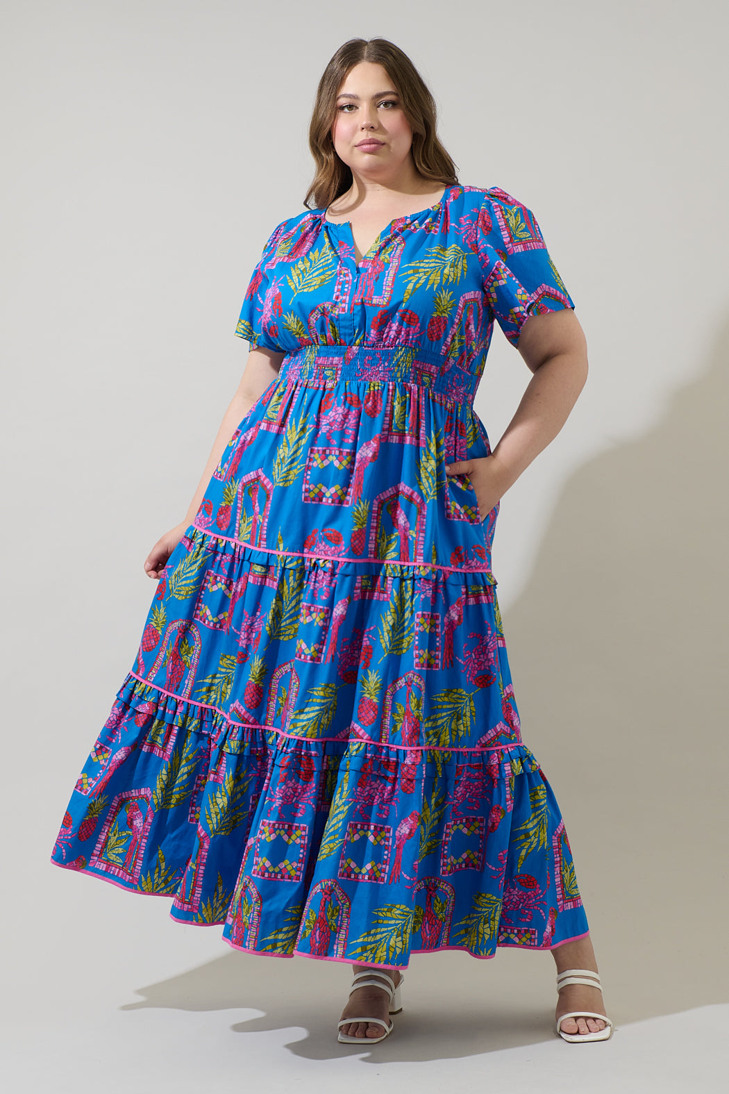 Bally Tropical Ernie Tiered Maxi Dress Curve PINK-BLUE-GREEN / 3X by Sugarlips Bally Tropical Ernie Tiered Maxi Dress Curve PINK-BLUE-GREEN / 3X by Sugarlips