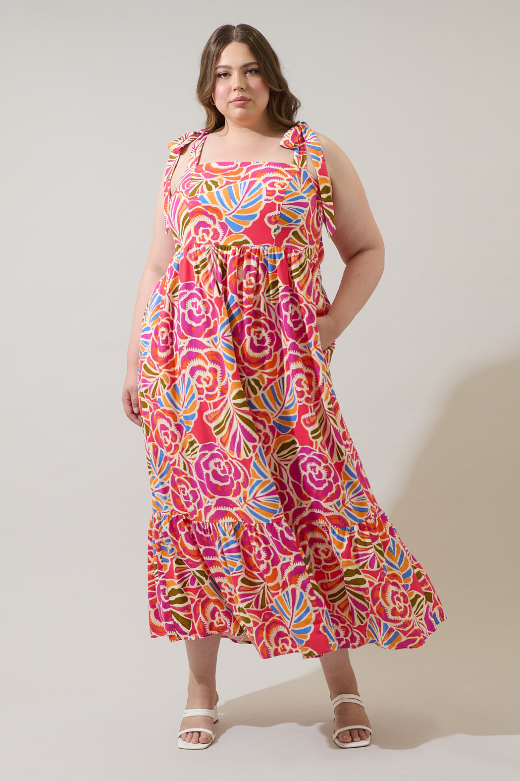 shoulder tie maxi dress Nomi Floral Hendy Shoulder Tie Maxi Dress Curve PINK-ORG-BLUE / 3X by Sugarlips
