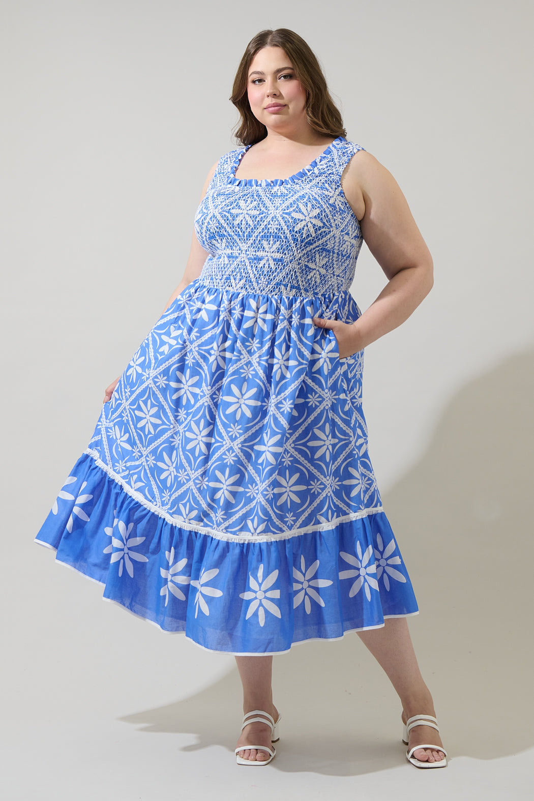 Alexie Floral Jessy Smocked Midi Dress Curve BLUE-WHT-MUL / 3X by Sugarlips Alexie Floral Jessy Smocked Midi Dress Curve BLUE-WHT-MUL / 3X by Sugarlips