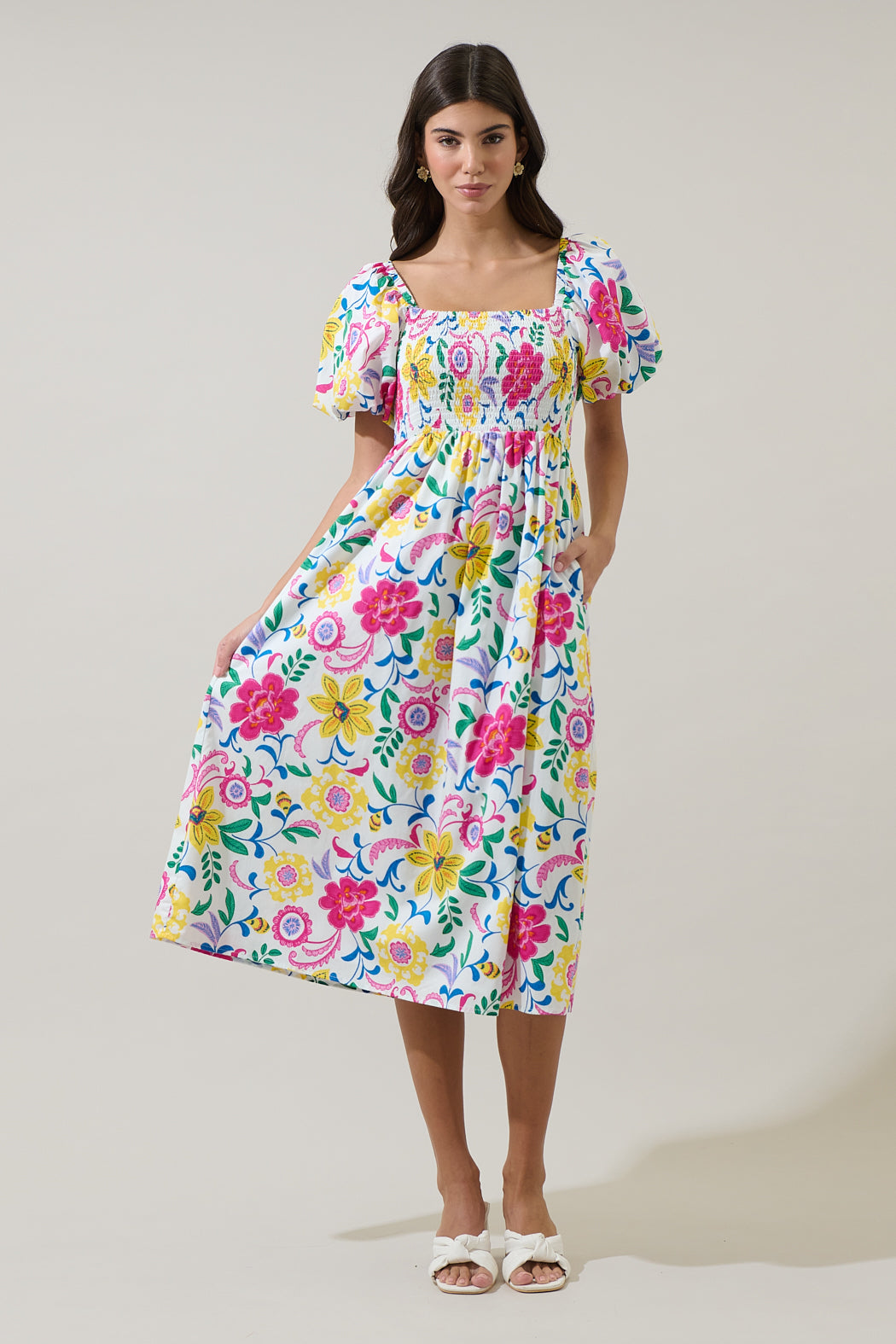SUGARLIPS Women's Kress Floral Maray Smocked Midi Dress - White - Casual dresses SUGARLIPS Women's Kress Floral Maray Smocked Midi Dress - White - Casual dresses