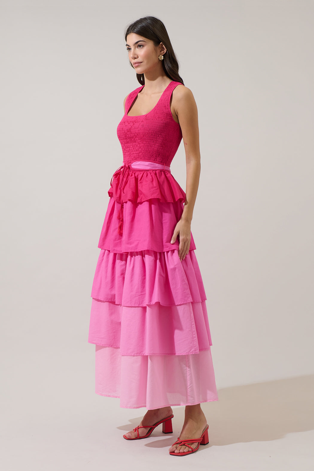 smocked tiered maxi dress Zoria Smocked Tiered Maxi Dress PINK-MULTI / M by Sugarlips