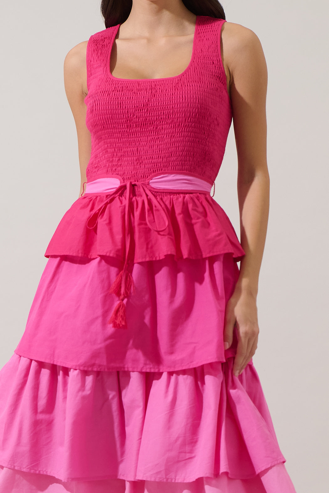 Zoria Smocked Tiered Maxi Dress PINK-MULTI / M by Sugarlips Zoria Smocked Tiered Maxi Dress PINK-MULTI / M by Sugarlips