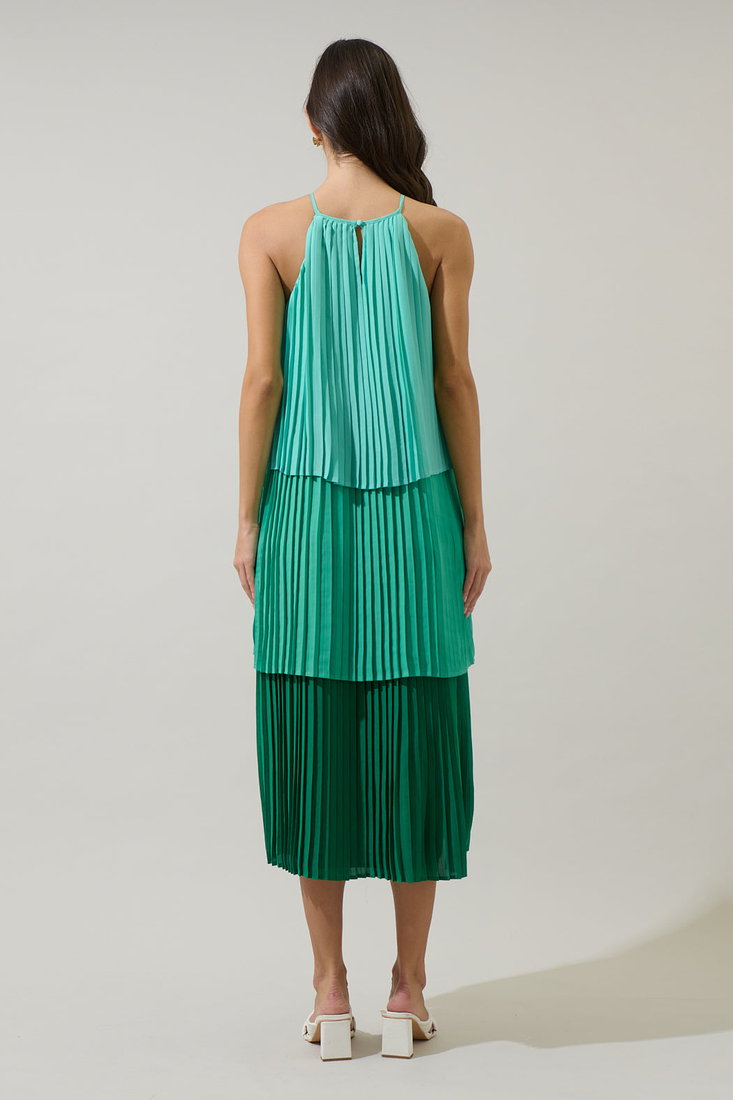 pleated dresses and skirts Sealy Pleated Tiered Midi Dress GREEN-MULTI / S by Sugarlips