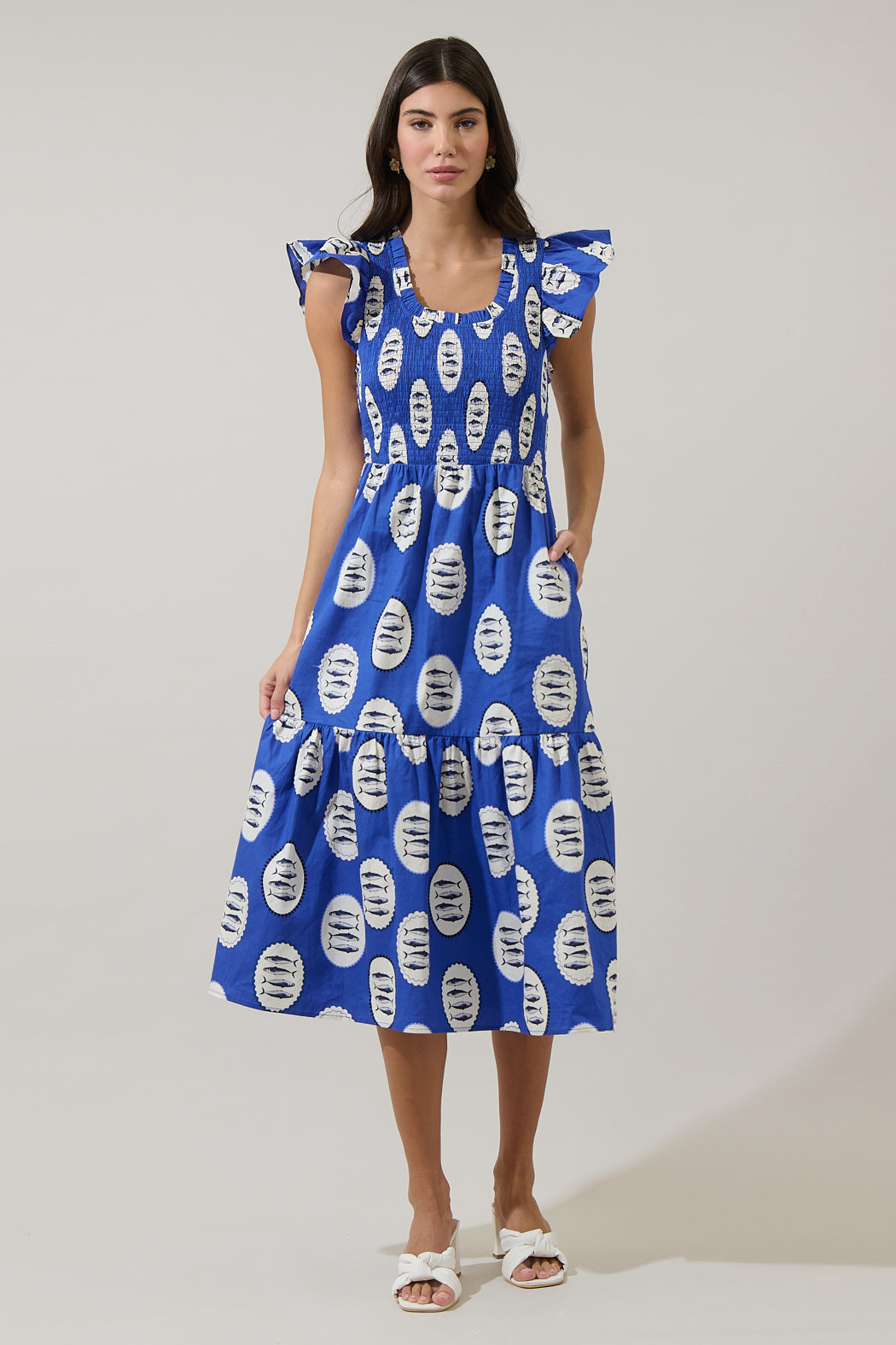 SUGARLIPS Women's Sardine Sea Glare Smocked Midi Dress - Blue - Casual dresses SUGARLIPS Women's Sardine Sea Glare Smocked Midi Dress - Blue - Casual dresses